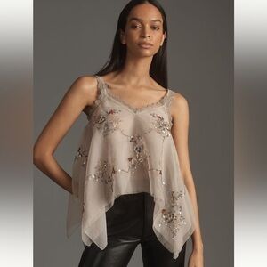 NWT Embroidered Sequin Hanky Hem Top | Neutral Beige Gray Sheer Tank